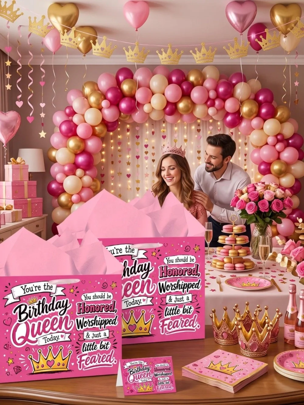 Birthday Queen Pink Gift Bag with Tissue Paper